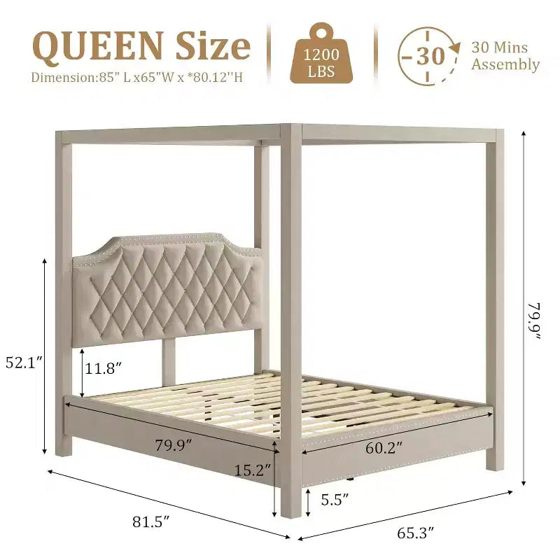 Struttura letto a baldacchino Queen Size con pali e supporti angolari a 4 punti, doghe in legno massello, senza necessità di rete a molle, silenziosa