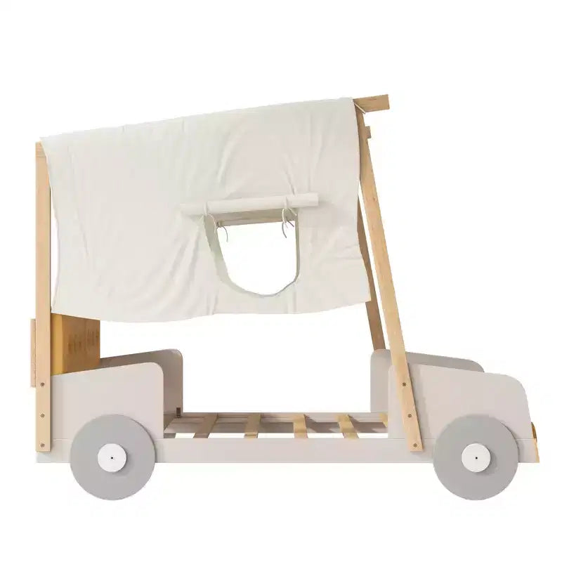Whisen Wood Car Bed with Pillow, Ceiling Cloth and LED - Natural
