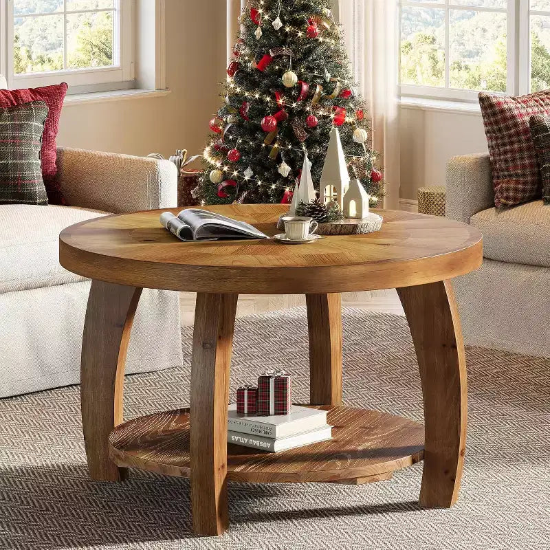 Lantine ronde salontafel van massief hout, 2-laags bijzettafel met opbergruimte, tafelblad van 31,5 inch met mozaïekpatroon, eenvoudige montage, voor de woonkamer, bruin