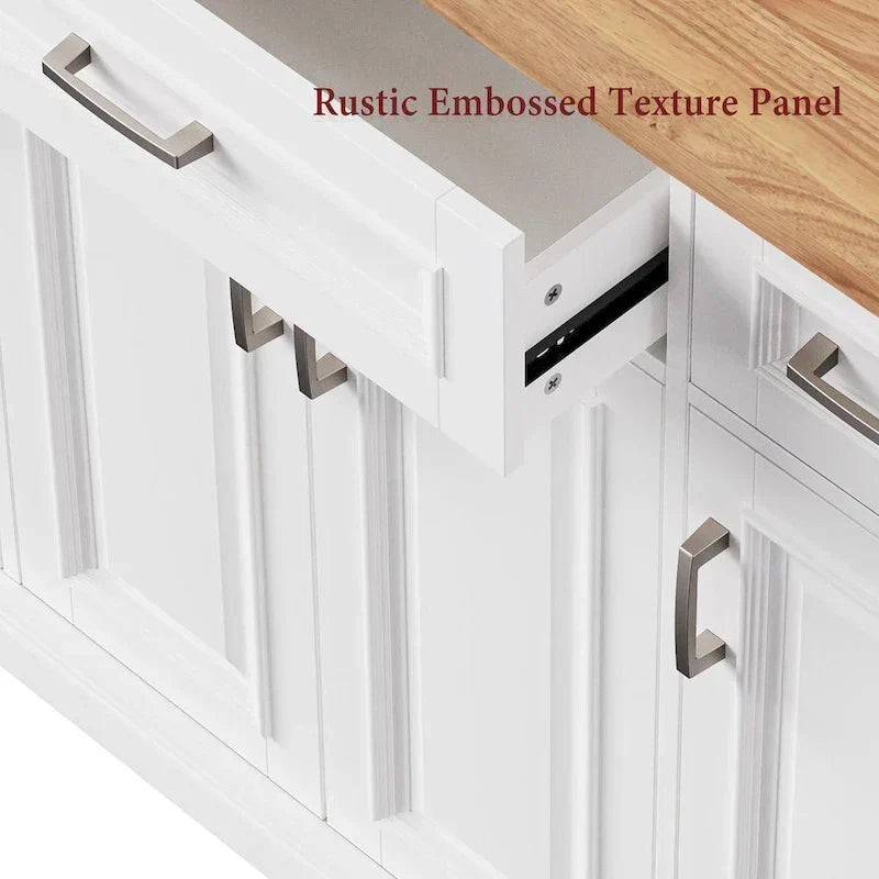 Grande isola da cucina con piano ribaltabile in legno, carrello da cucina con texture goffrata, ante e cassetti, spazio contenitore, bianca