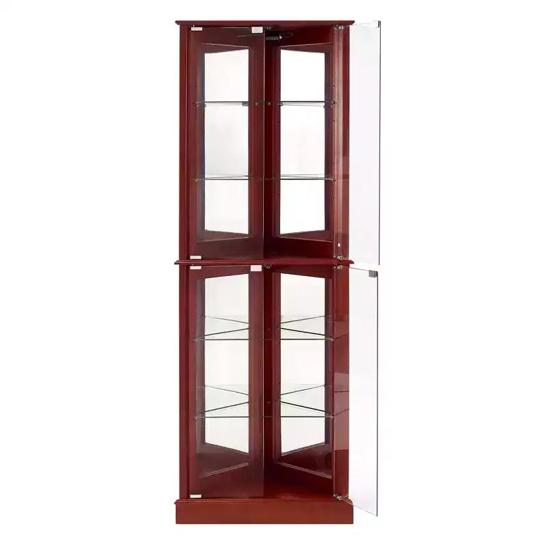 Corner Curio Cabinet, Cherry/Walnut, 4-Door Glass Display Cabinet