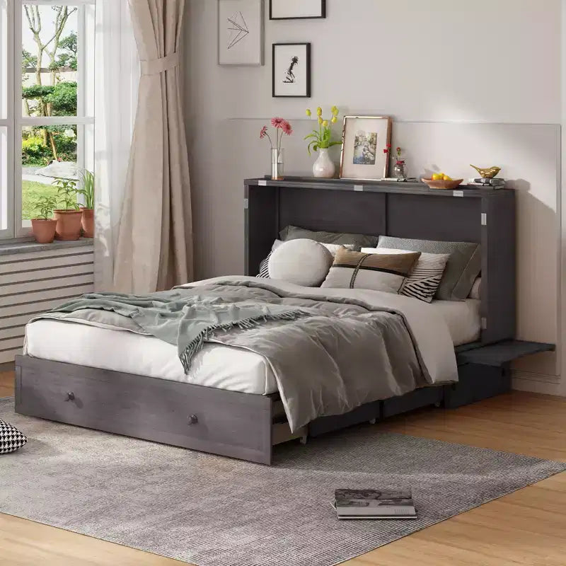 Letto a scomparsa queen Mjkone, letto a cubo con armadio contenitore, stazione di ricarica e spazio portaoggetti