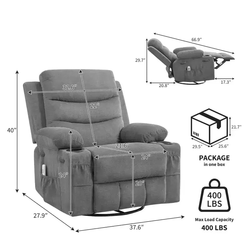 Swivel Rocker Recliner Chair with Massage & Heat, 360 Glider with Cup Holders & Side Pockets, Ergonomic Lounge Sofa for Living Room, RV, Nursery