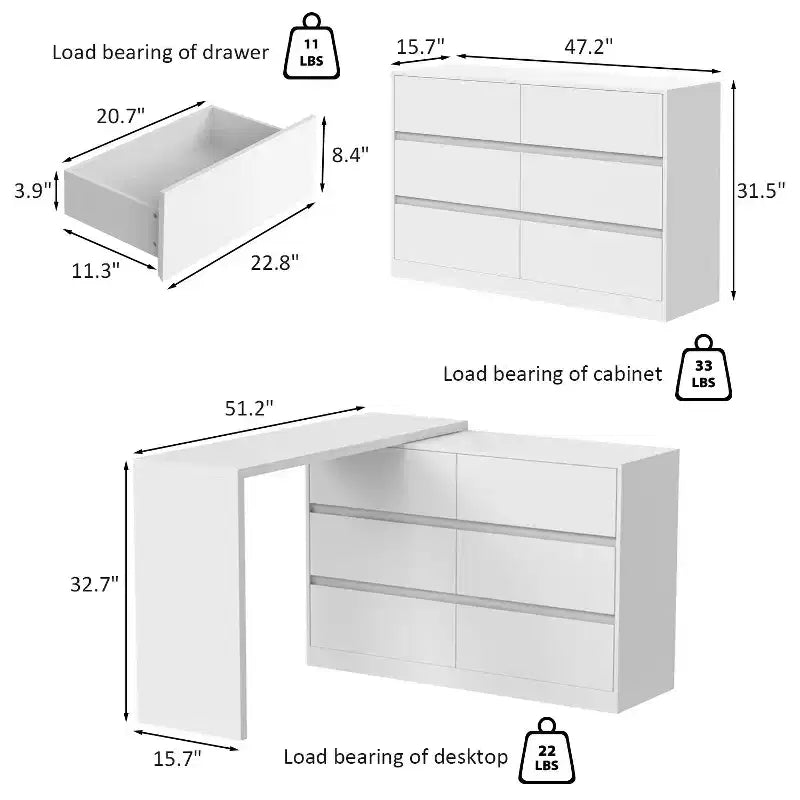 Credenza buffet girevole/estensibile intelligente con 6 cassetti, piano di lavoro estensibile, tappetino antiscivolo, tavolo da pranzo girevole, dispensa a isola da cucina