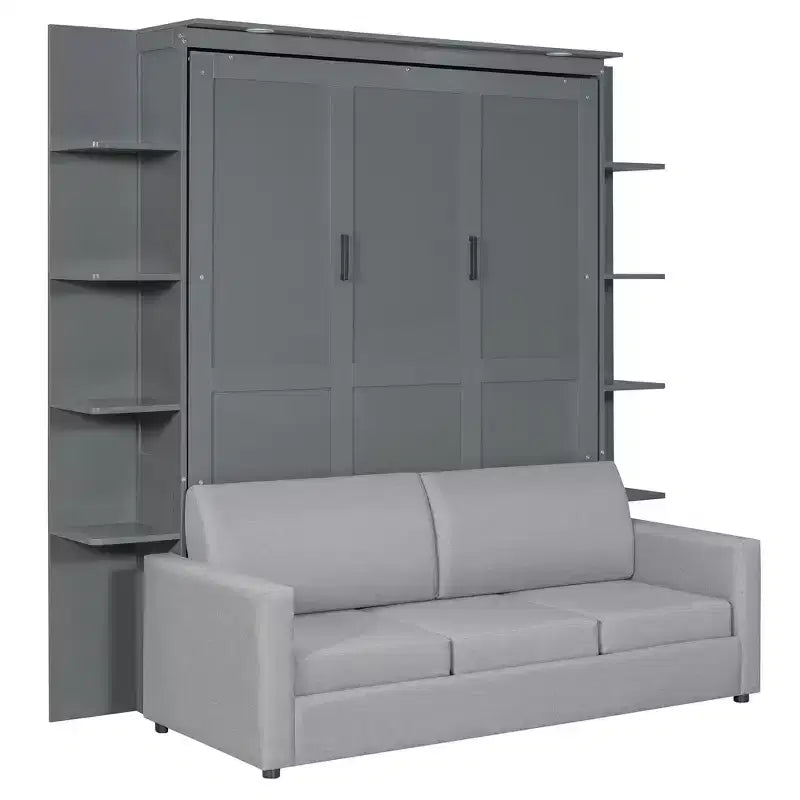Whisen Modern Design Wood Frame Queen Size Murphy Bed Wall Bed with Sofa and Shelves