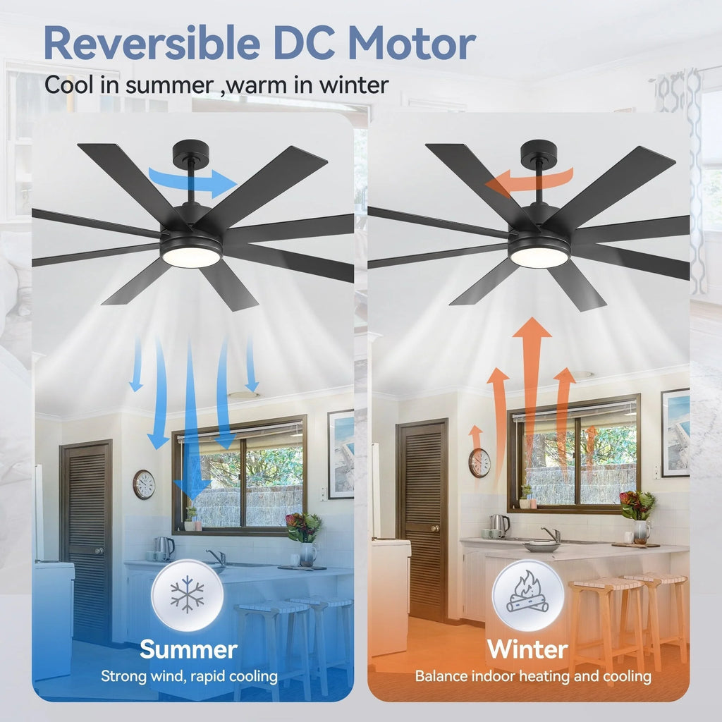 Ventilatore da soffitto nero da 65 pollici con 8 pale, LED, luce e telecomando