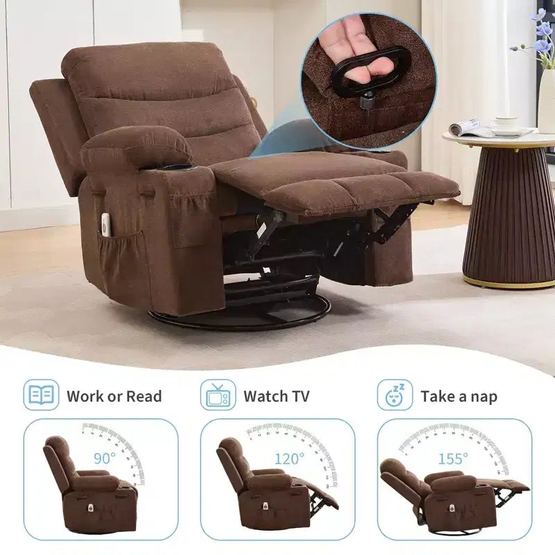 Siġġu recliner kbir li jdur 360 u jitbandal, bil-massaġġi u s-sħana - siġġu ergonomiku għar-rilassament b'holders għat-tazzi u bwiet tal-ġenb għall-kamra tal-għixien u l-mixtla