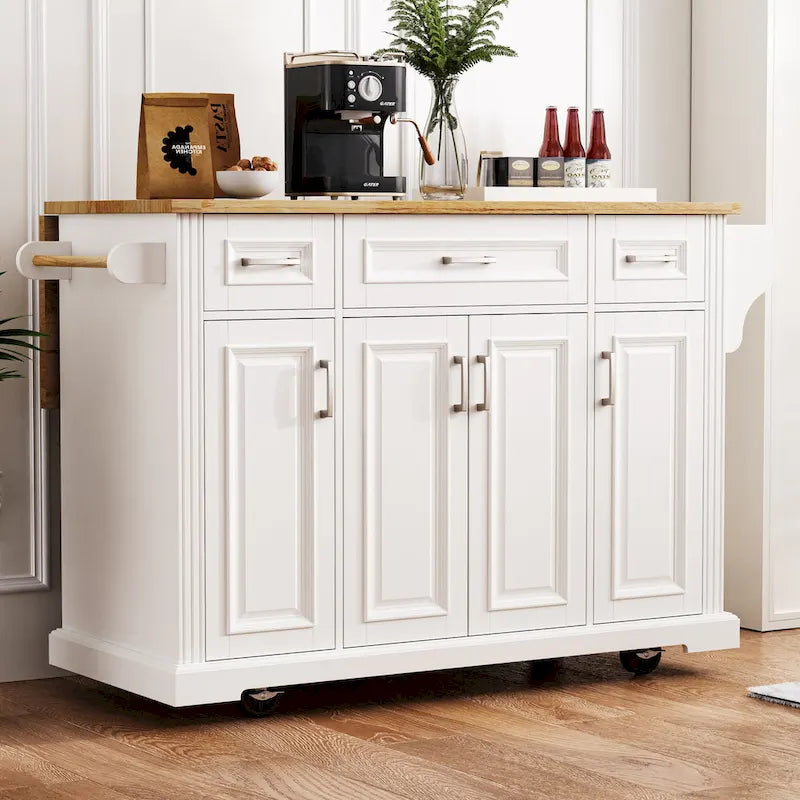 Grande isola da cucina con piano ribaltabile in legno, carrello da cucina con texture goffrata, ante e cassetti, spazio contenitore, bianca