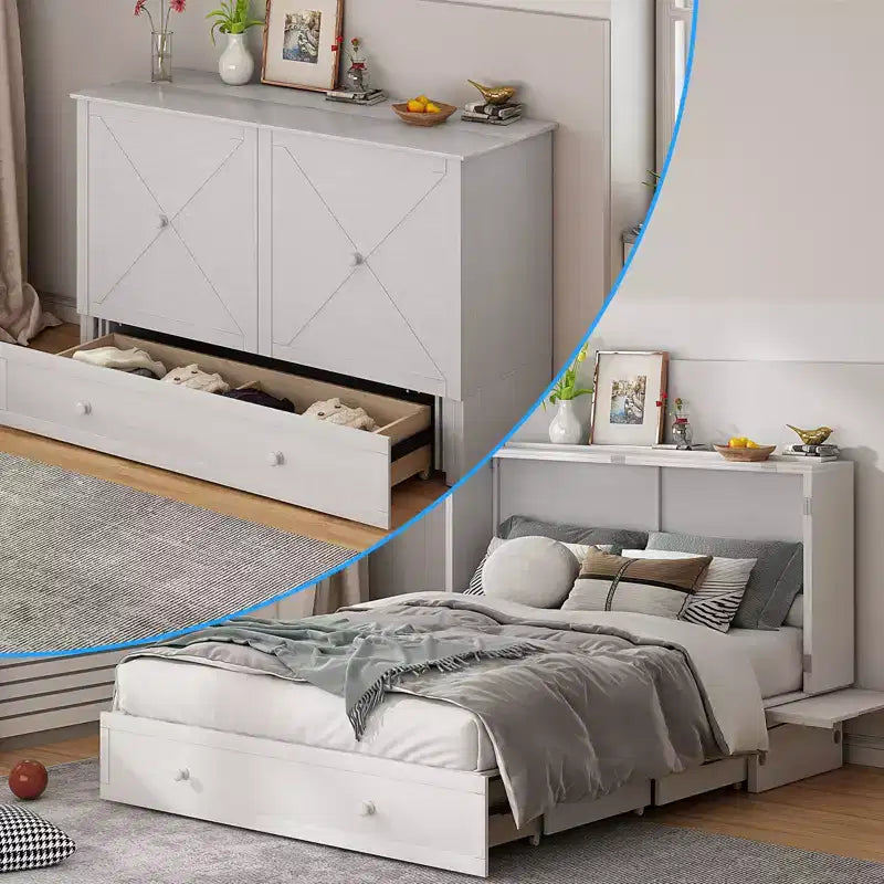 Lit escamotable queen Mjkone, lit armoire cubique avec station de recharge et espace de rangement