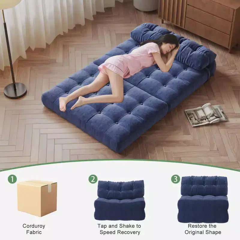 Zusammenklappbares Cord-Schlafsofa als Futon in Full-Größe, umwandelbarer Bodenschlafsessel mit Kissen und Rückenstütze