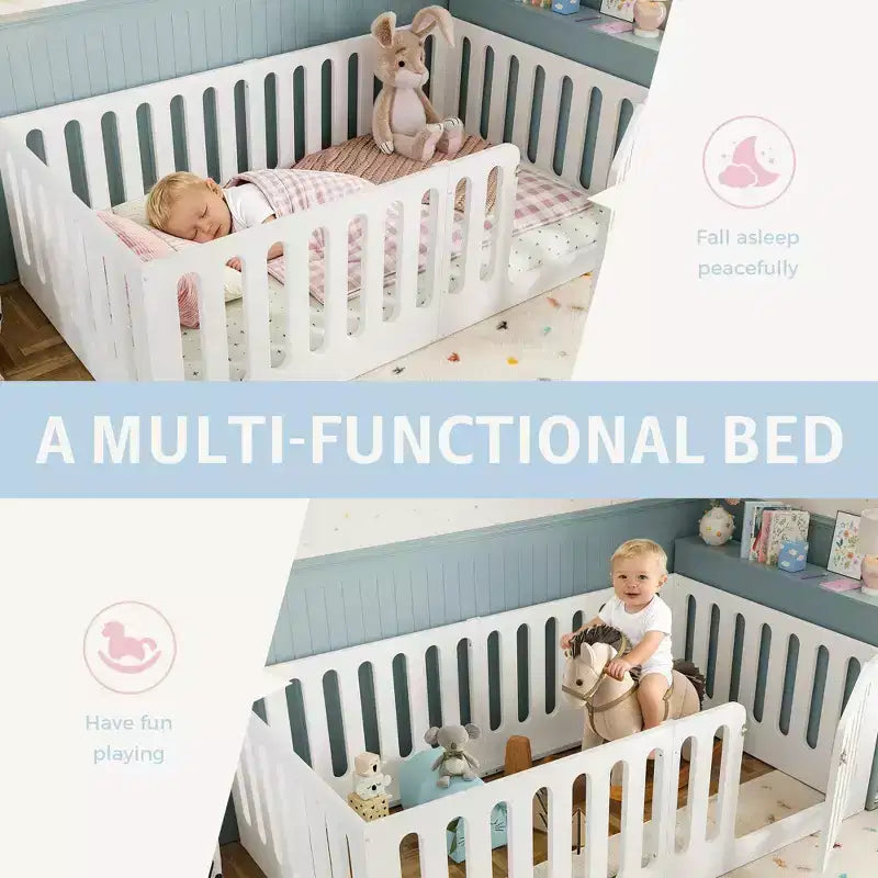 Letto Montessori a terra per bambini, singolo, bianco, con sponde e cancelletto – Legno massello, 1 posto