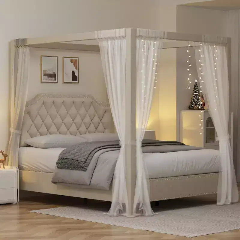 Struttura letto a baldacchino Queen Size con pali e supporti angolari a 4 punti, doghe in legno massello, senza necessità di rete a molle, silenziosa