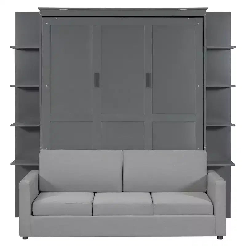 Whisen Modern Design Wood Frame Queen Size Murphy Bed Wall Bed with Sofa and Shelves