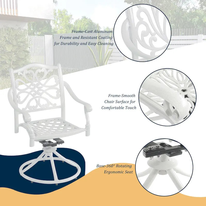Set da pranzo da esterno in alluminio pressofuso composto da 5 pezzi con 4 sedie girevoli