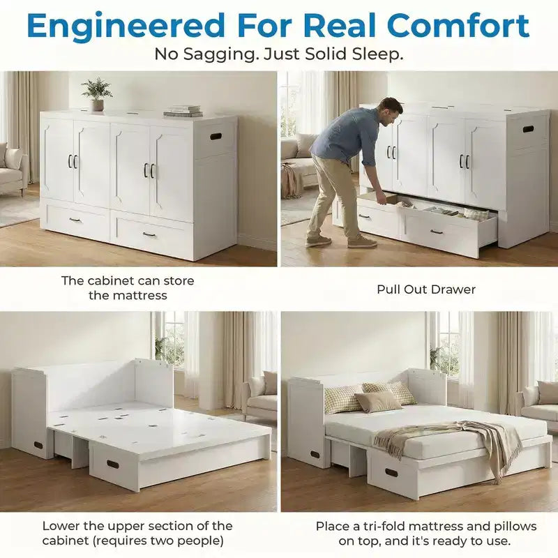 Letto armadio trasformabile Murphy Queen Size Mjkone con materasso, ricarica USB e cassetti contenitori