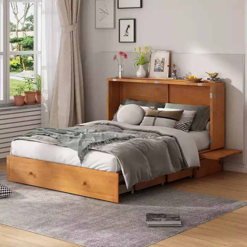 Letto a scomparsa queen Mjkone, letto a cubo con armadio contenitore, stazione di ricarica e spazio portaoggetti