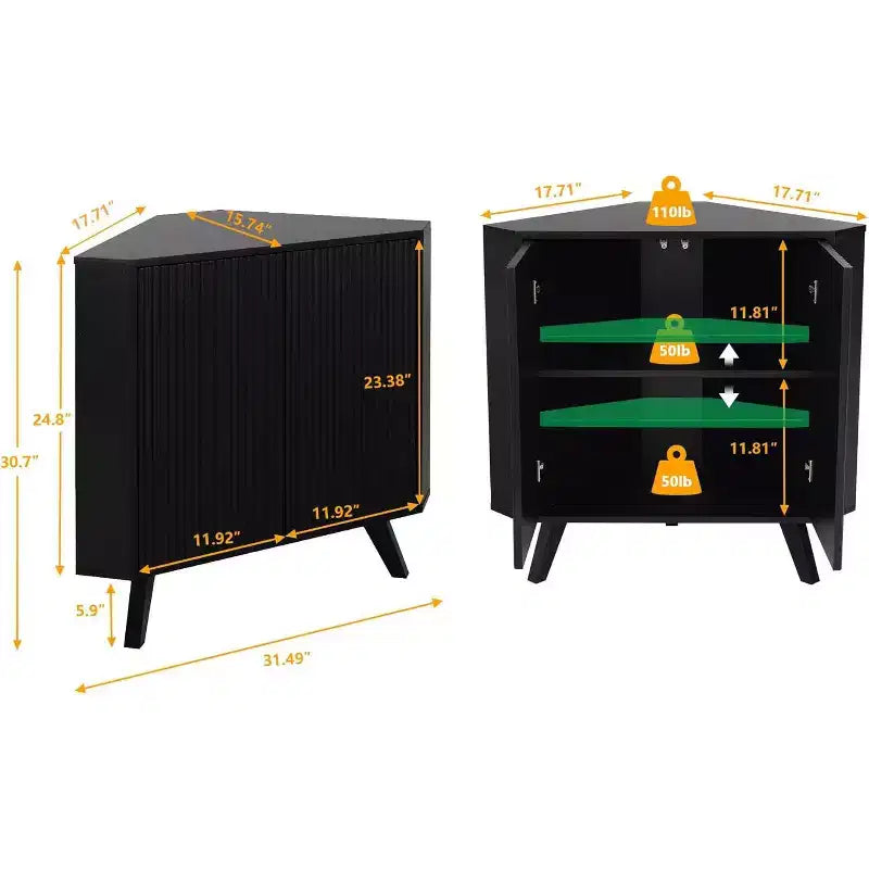Mobile angolare contenitore con ripiano regolabile, tavolino angolare industriale in legno a 3 livelli con ante, tavolino triangolare per soggiorno e cucina