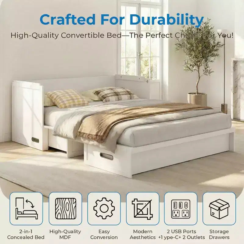 Letto armadio trasformabile Murphy Queen Size Mjkone con materasso, ricarica USB e cassetti contenitori