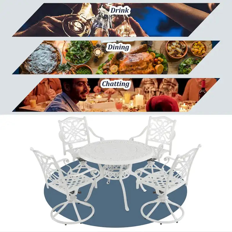 Set da pranzo da esterno in alluminio pressofuso composto da 5 pezzi con 4 sedie girevoli
