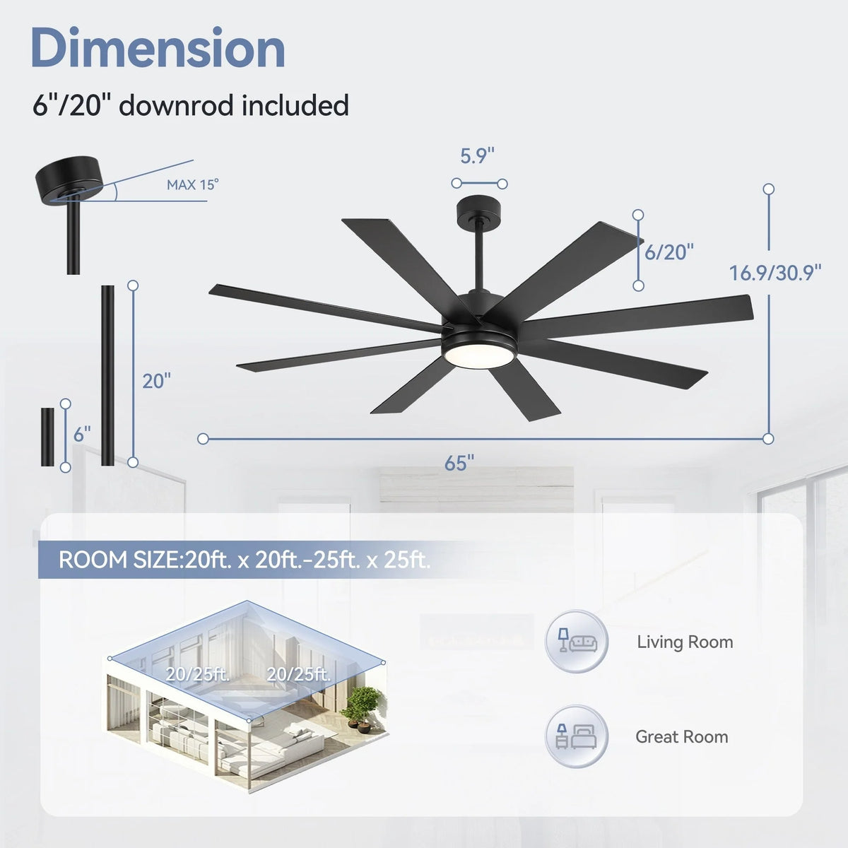 Ventilatore da soffitto nero da 65 pollici con 8 pale, LED, luce e telecomando