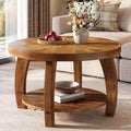 Lantine ronde salontafel van massief hout, 2-laags bijzettafel met opbergruimte, tafelblad van 31,5 inch met mozaïekpatroon, eenvoudige montage, voor de woonkamer, bruin