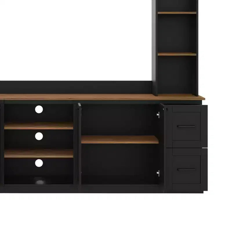 Μονάδα τοίχου κέντρου ψυχαγωγίας ModernLuxe 4-σε-1 σε στιλ αγροικίας, χωρά τηλεοράσεις έως 70, έπιπλο τηλεόρασης και κονσόλα πολυμέσων με ρυθμιζόμενα ράφια και συρτάρια