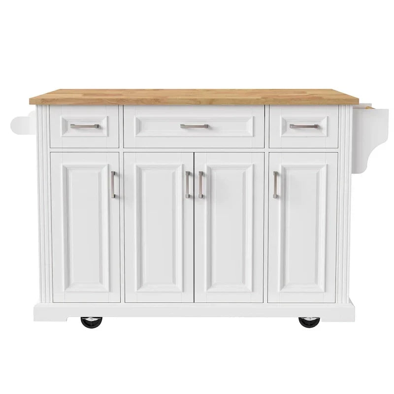 Grande isola da cucina con piano ribaltabile in legno, carrello da cucina con texture goffrata, ante e cassetti, spazio contenitore, bianca