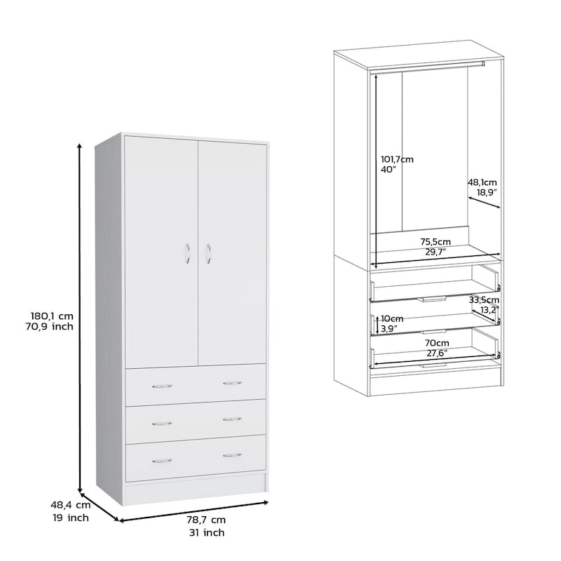 19 moderne kledingkast met twee deuren, 3 laden en 1 kledingroede voor de slaapkamer