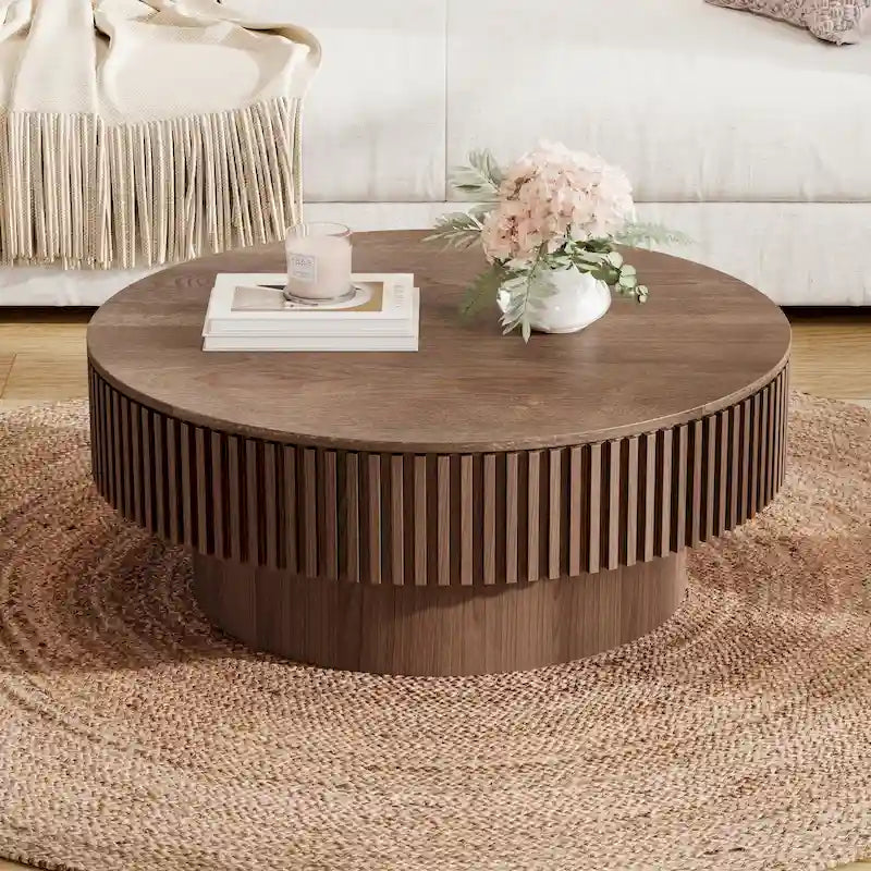 Tavolino rotondo moderno in legno massello impiallacciato con contenitore