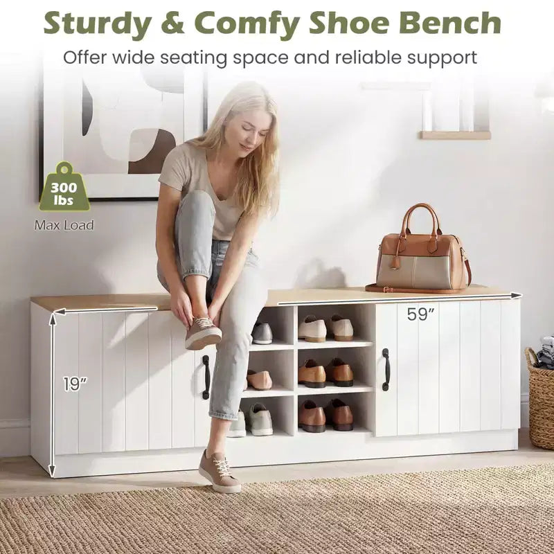 2-Door Shoe Bench wirh Adjustable Shelves Hidden Storage Space Natural + White/Whi5te
