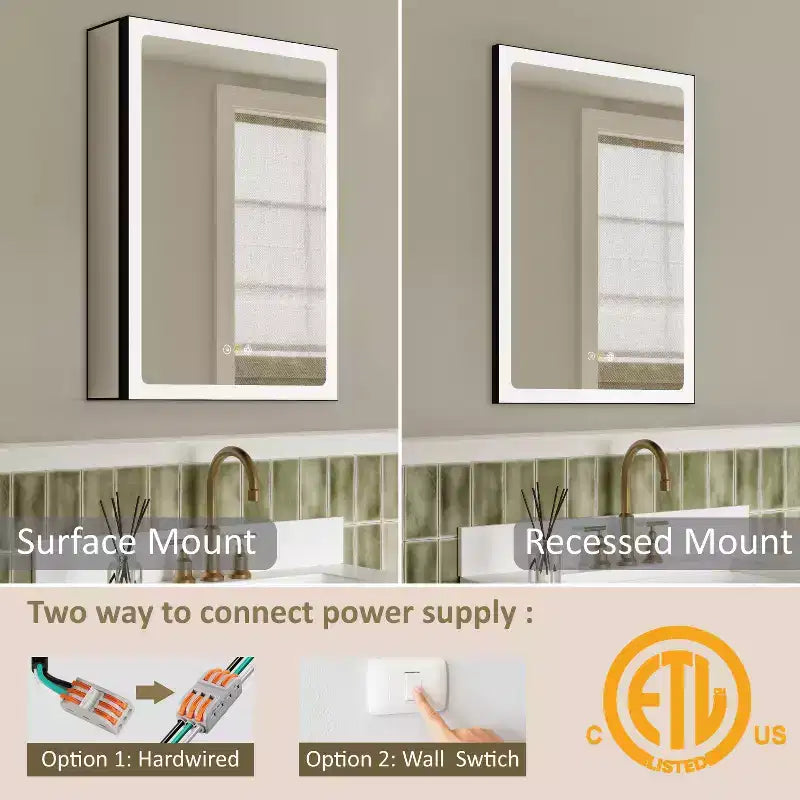 Ντουλάπι φαρμακείου μπάνιου με καθρέφτη LED, για επιτοίχια ή χωνευτή τοποθέτηση, ρυθμιζόμενο φωτισμό, λειτουργία κατά της υγρασίας και ρυθμιζόμενα ράφια