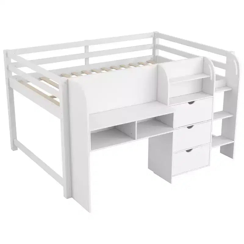 Letto a soppalco basso rosa/bianco con scrivania, contenitore e lavagna - Singolo, 1 posto