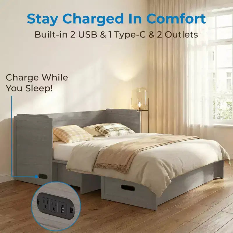 Letto armadio trasformabile Murphy Queen Size Mjkone con materasso, ricarica USB e cassetti contenitori