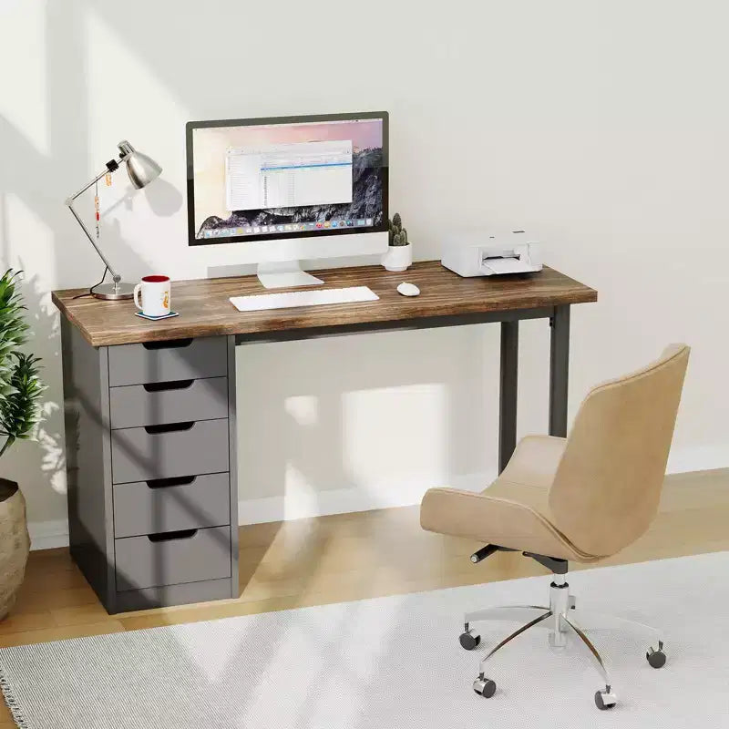 Desk tal-kompjuter ta’ 47 Pulzier b’5 kxaxen għall-ħażna, mejda moderna rustika riversibbli għall-istudju u l-kitba, workstation għall-uffiċċju tad-dar għal spazji żgħar