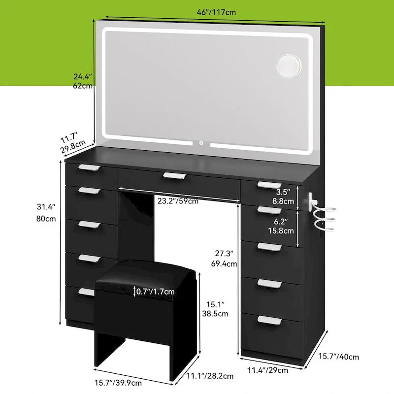 Moasis 46 Vanity With Built-in Socket With Illuminated Mirror and Hair Dryer Rack - 55.8  H X 46  W X 11.7  D