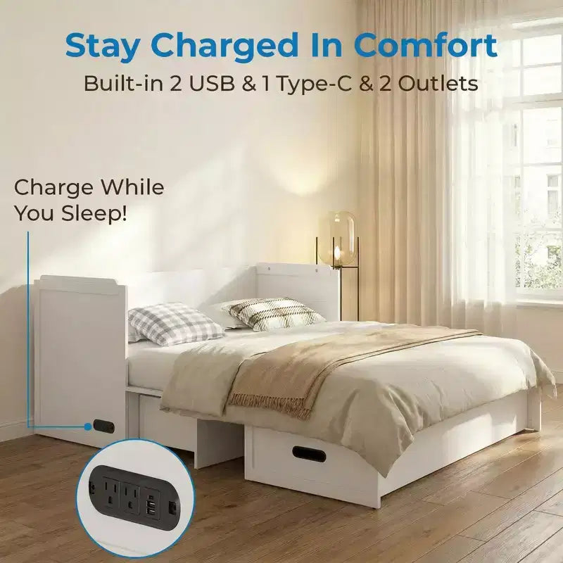 Letto armadio trasformabile Murphy Queen Size Mjkone con materasso, ricarica USB e cassetti contenitori