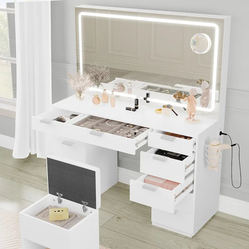 Moasis 46 Vanity With Built-in Socket With Illuminated Mirror and Hair Dryer Rack - 55.8  H X 46  W X 11.7  D
