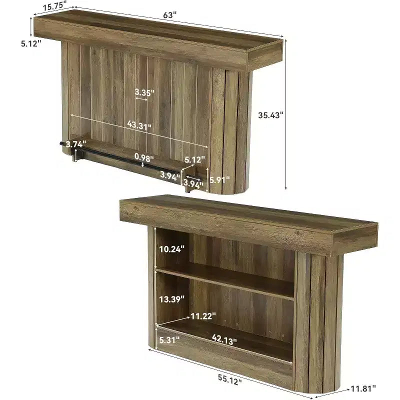 Tavolo da bar Lantine, mobile bar in legno da 63 pollici con poggiapiedi in metallo, tavolo da pub con mensole portaoggetti per soggiorno, bistrot e sala da pranzo (marrone)