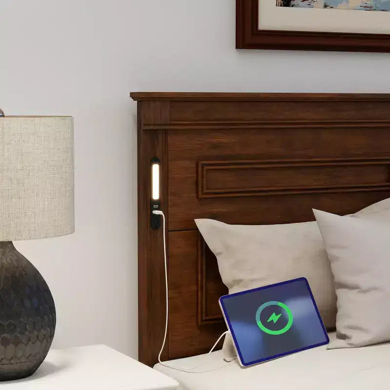 ModernLuxe Queen/King Size Platform Bed with Tall Headboard, Rustic Wood Bed Frame with 2 Drawers, LED Lights & USB Ports