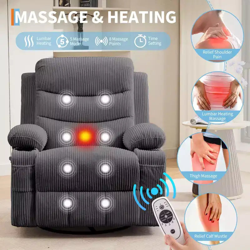 Siġġu recliner kbir li jdur 360 u jitbandal, bil-massaġġi u s-sħana - siġġu ergonomiku għar-rilassament b'holders għat-tazzi u bwiet tal-ġenb għall-kamra tal-għixien u l-mixtla