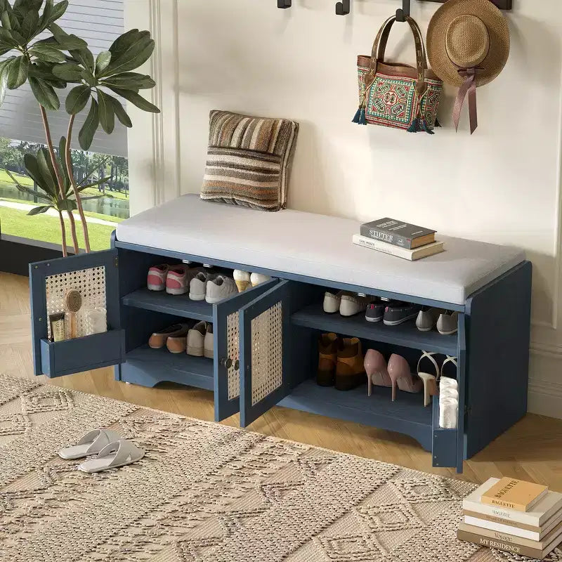 Panca contenitore in legno rustico Whisen, panca portascarpe per ingresso con cuscino rimovibile e ripiani regolabili