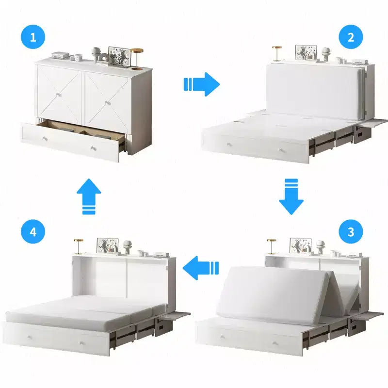Letto a scomparsa queen Mjkone, letto a cubo con armadio contenitore, stazione di ricarica e spazio portaoggetti