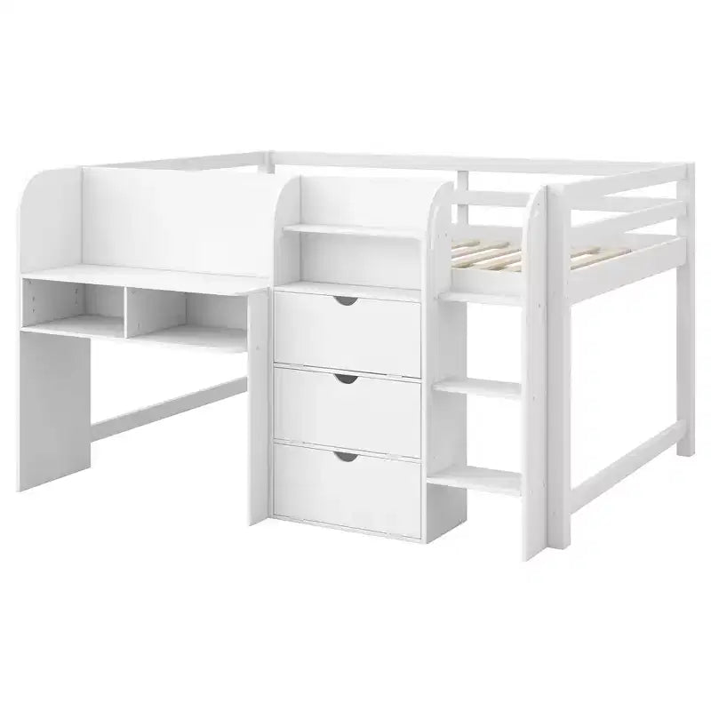 Letto a soppalco basso rosa/bianco con scrivania, contenitore e lavagna - Singolo, 1 posto