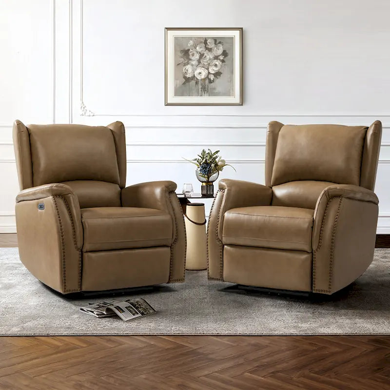 Poltrona relax elettrica in vera pelle con porta USB - Set di 2 con schienale a orecchioni e borchie