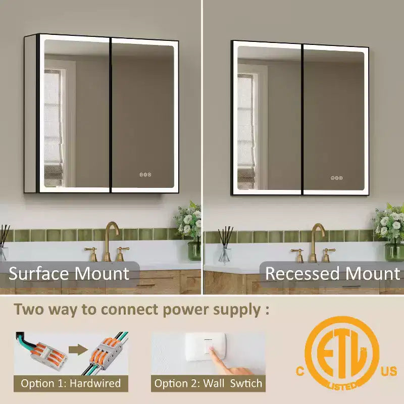 Ντουλάπι φαρμακείου μπάνιου με καθρέφτη LED, για επιτοίχια ή χωνευτή τοποθέτηση, ρυθμιζόμενο φωτισμό, λειτουργία κατά της υγρασίας και ρυθμιζόμενα ράφια