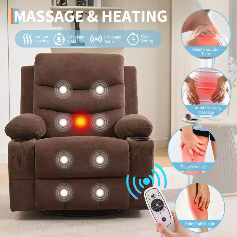 Siġġu recliner kbir li jdur 360 u jitbandal, bil-massaġġi u s-sħana - siġġu ergonomiku għar-rilassament b'holders għat-tazzi u bwiet tal-ġenb għall-kamra tal-għixien u l-mixtla