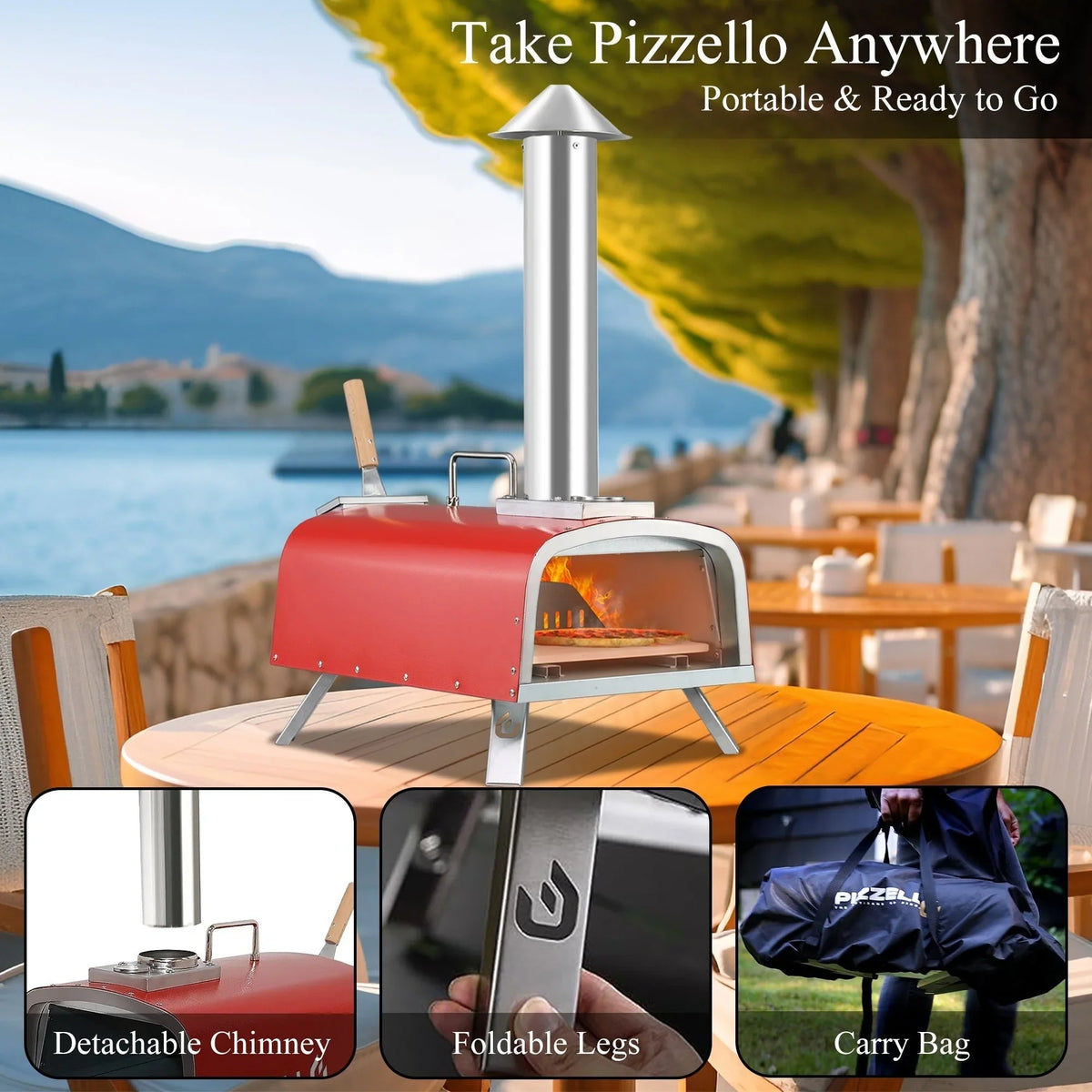 Forn tal-pizza ta’ barra b’diversi fjuwils, apparat għall-pizza moħmija fuq il-ġebel b’berner tal-gass u kaxxa għall-injam - 12-il pulzier