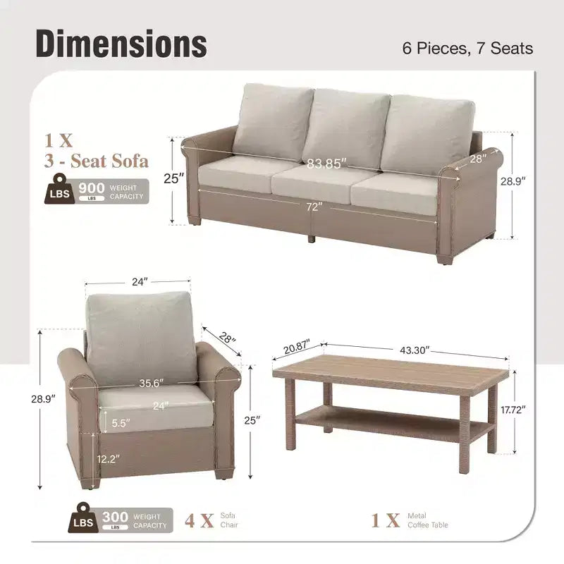 Captiva Designs 6-teiliges luxuriöses Polyrattan-Sitzmöbel-Set für die Terrasse mit Sofa, geschwungenen Armlehnen und Sitzkissen