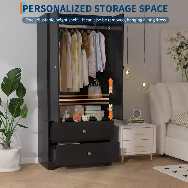 71 Inch Modern Wooden Bedroom Armoire Wardrobe Closet with 2 Doors 2 Drawers Adjustable Shelves Clothing Storage Cabinet and Hanging Rod