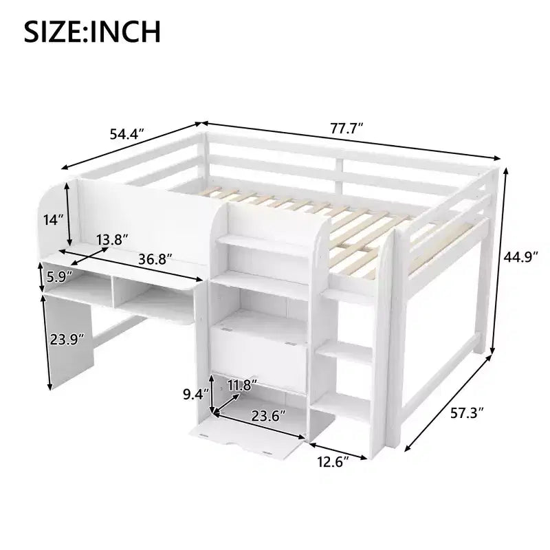 Letto a soppalco basso rosa/bianco con scrivania, contenitore e lavagna - Singolo, 1 posto